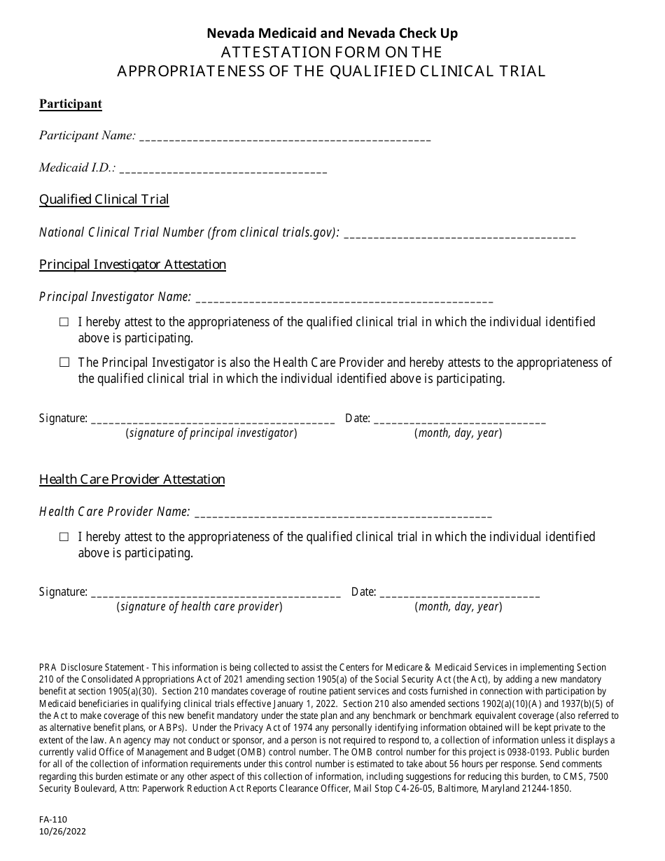 Form FA-110 Attestation Form on the Appropriateness of the Qualified Clinical Trial - Nevada, Page 1