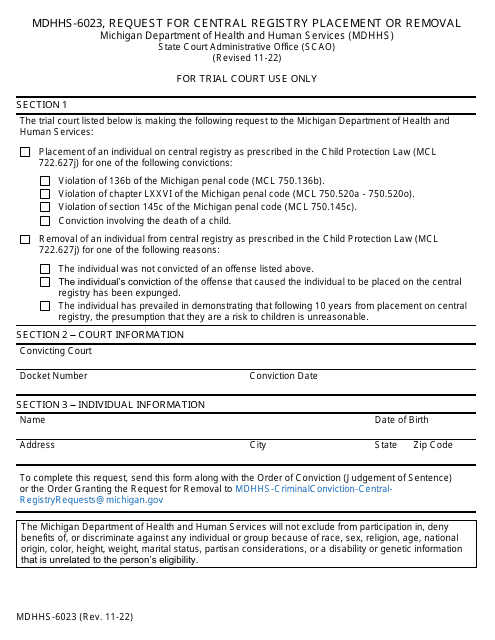 Form MDHHS-6023 Request for Central Registry Placement or Removal - Michigan