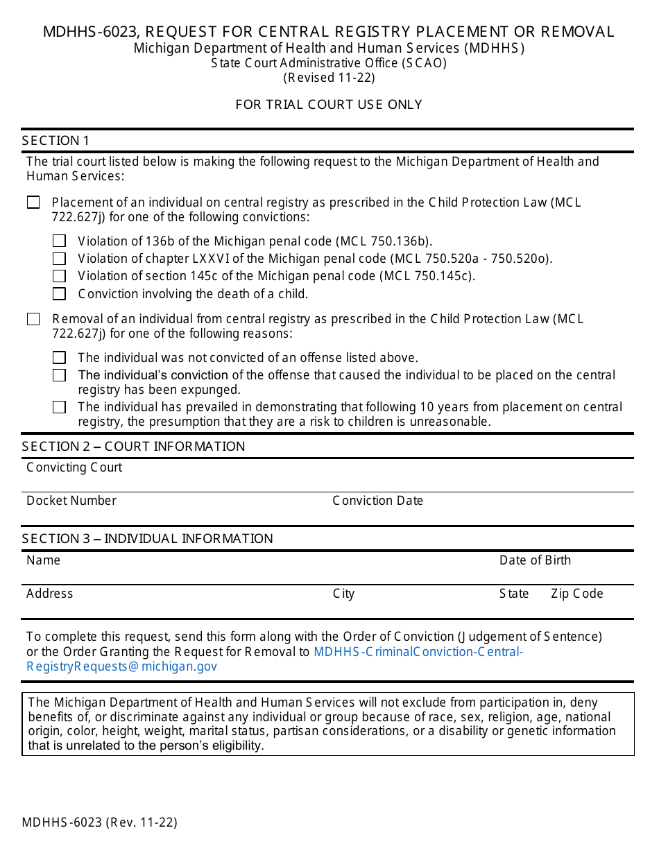 Form MDHHS-6023 Request for Central Registry Placement or Removal - Michigan, Page 1