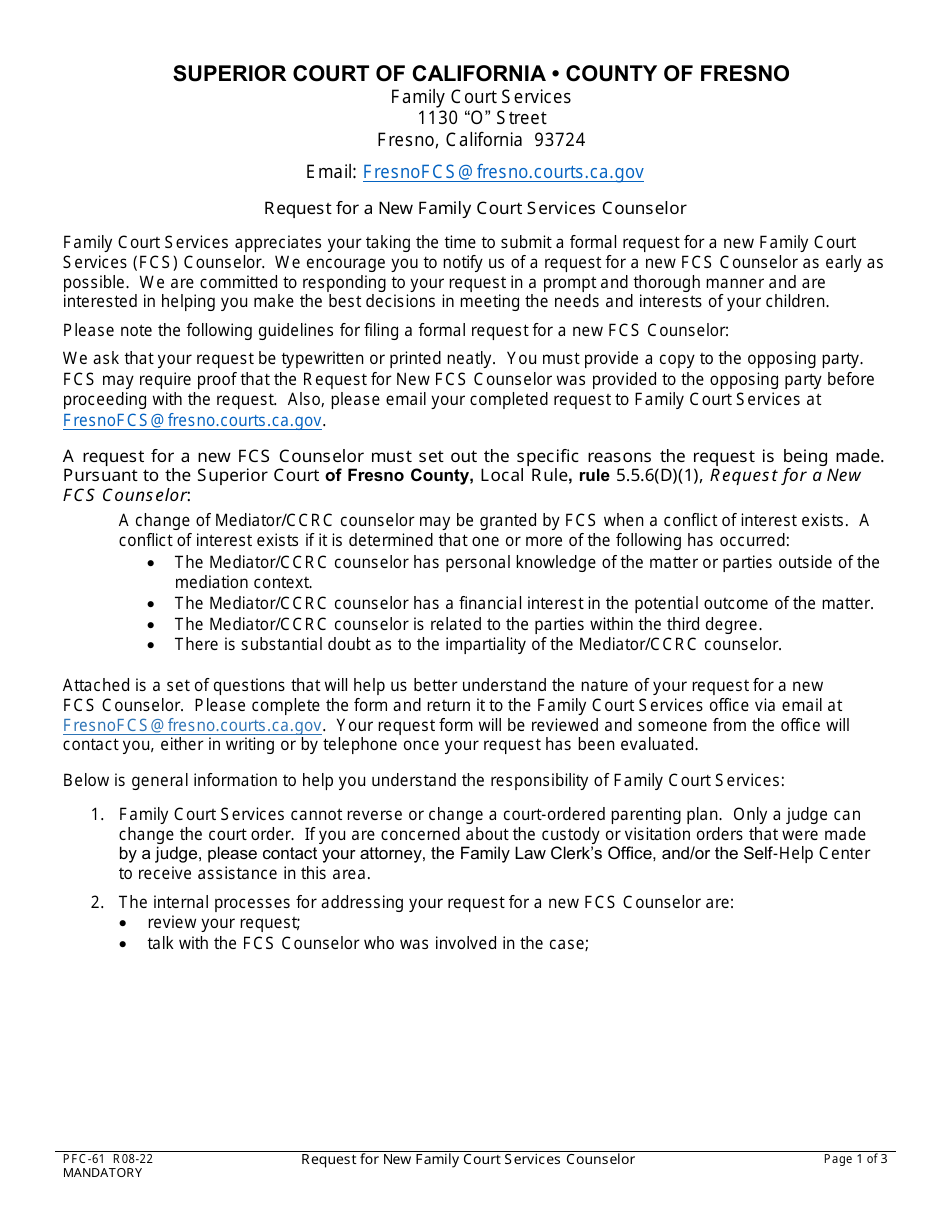 Form PFC-61 Request for New Family Court Services Counselor - County of Fresno, California, Page 1