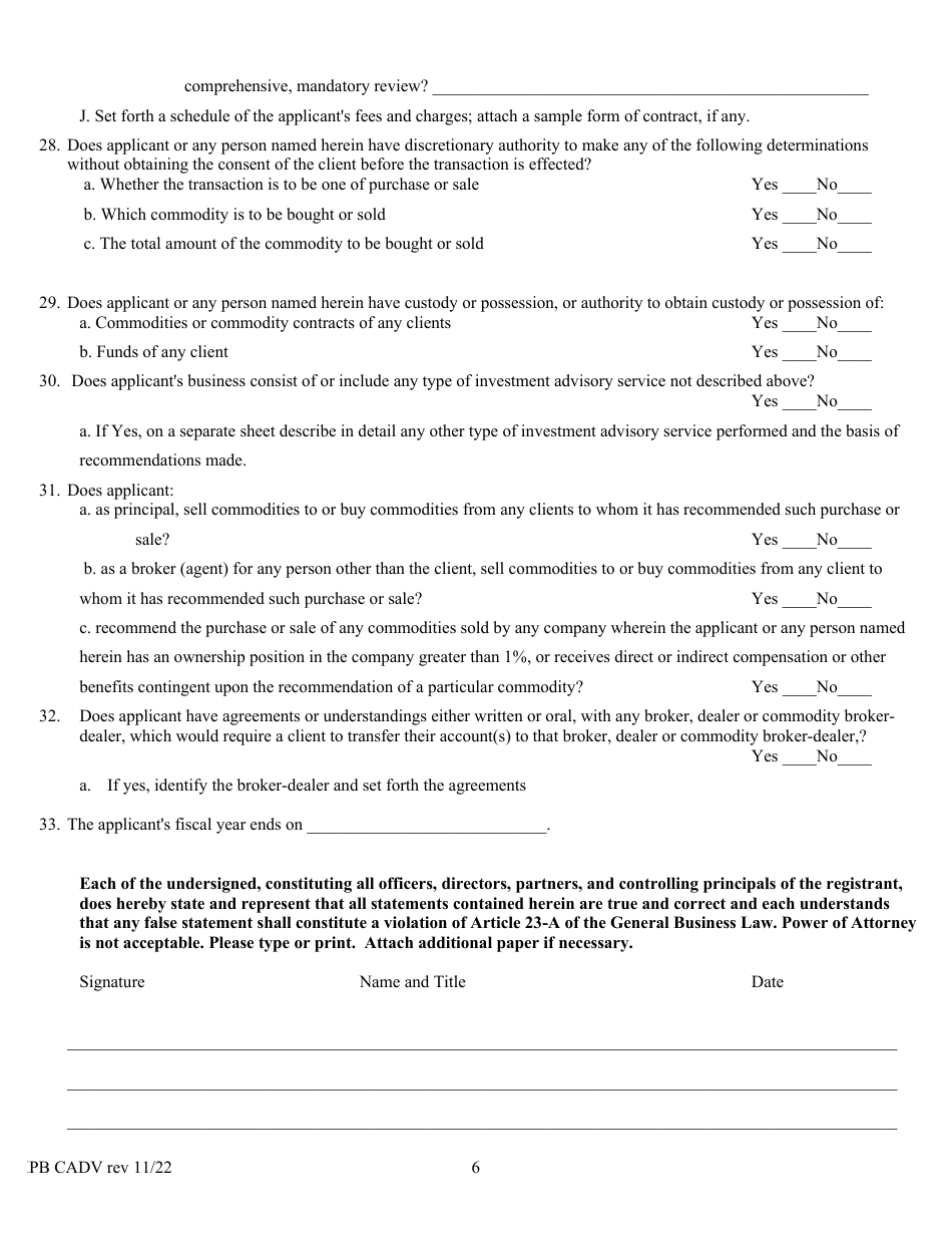 Form CADV Commodity Investment Advisor Statement - New York, Page 6