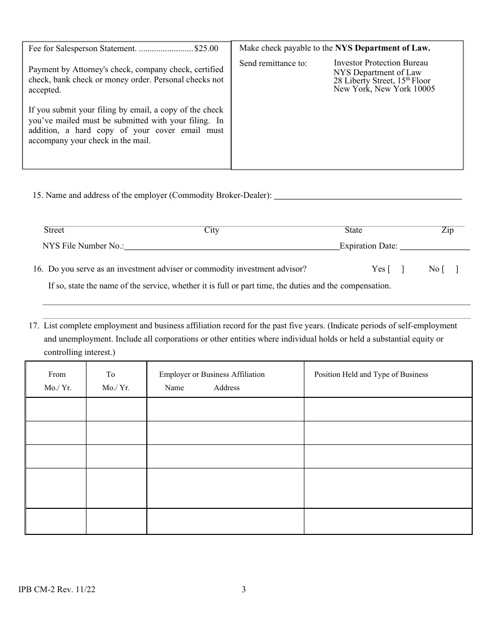 Form CM-2 Commodity Salesperson Statement - New York, Page 3