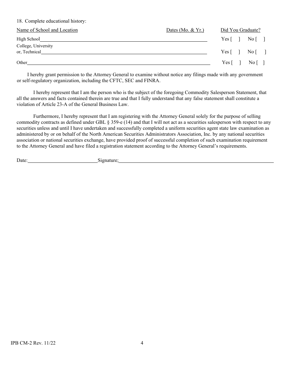 Form CM-2 Commodity Salesperson Statement - New York, Page 4