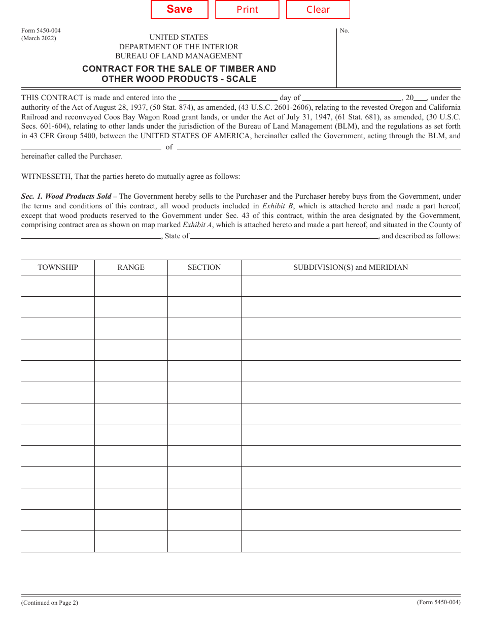 BLM Form 5450-004 Contract for the Sale of Timber and Other Wood Products - Scale, Page 1