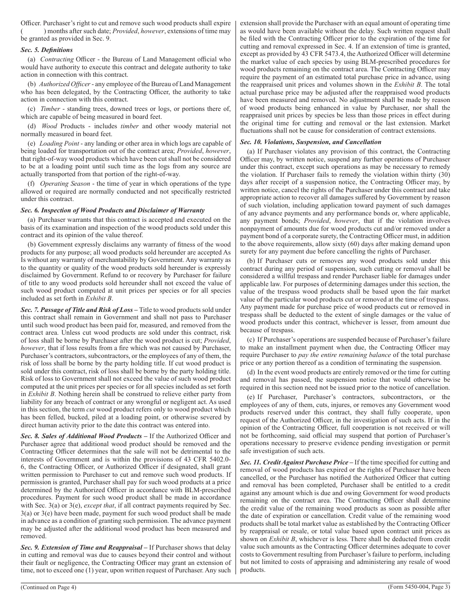 BLM Form 5450-004 Contract for the Sale of Timber and Other Wood Products - Scale, Page 3