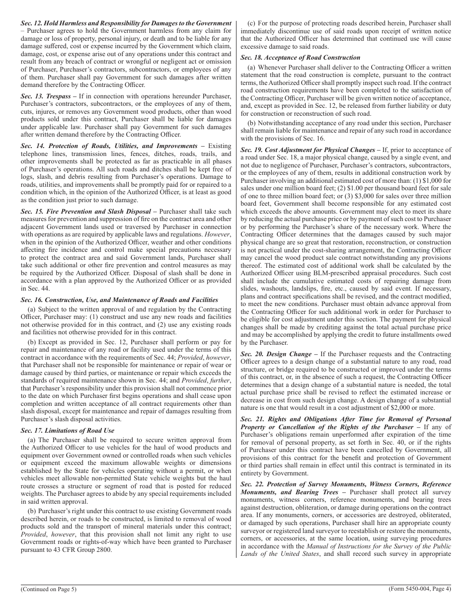 BLM Form 5450-004 Contract for the Sale of Timber and Other Wood Products - Scale, Page 4