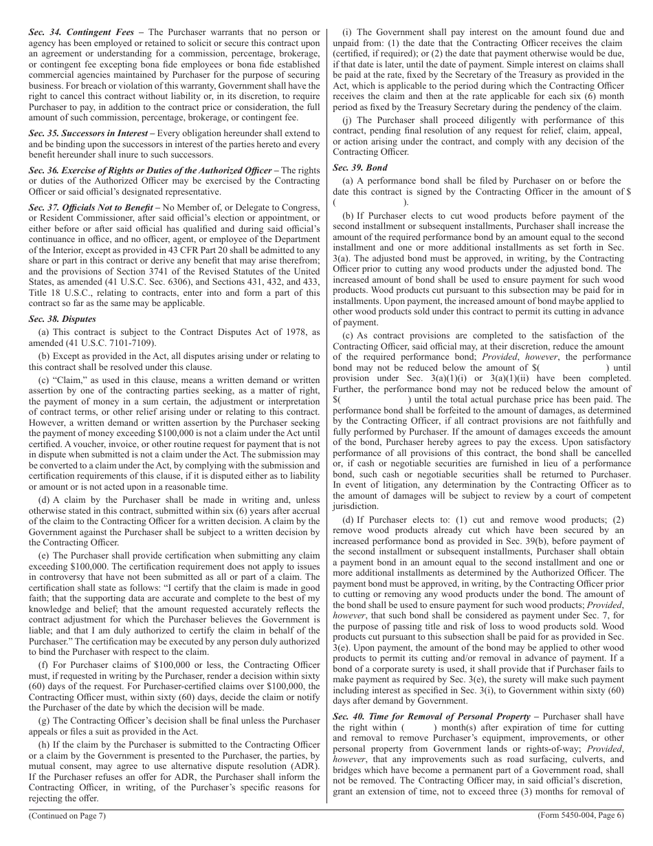 BLM Form 5450-004 Contract for the Sale of Timber and Other Wood Products - Scale, Page 6