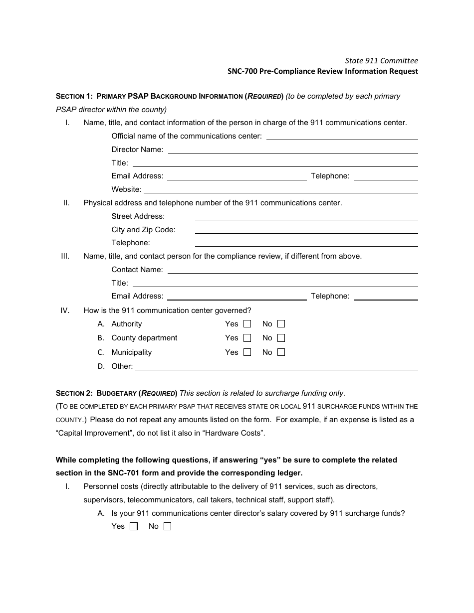 Form SNC-700 Pre-compliance Review Information Request - Michigan, Page 1