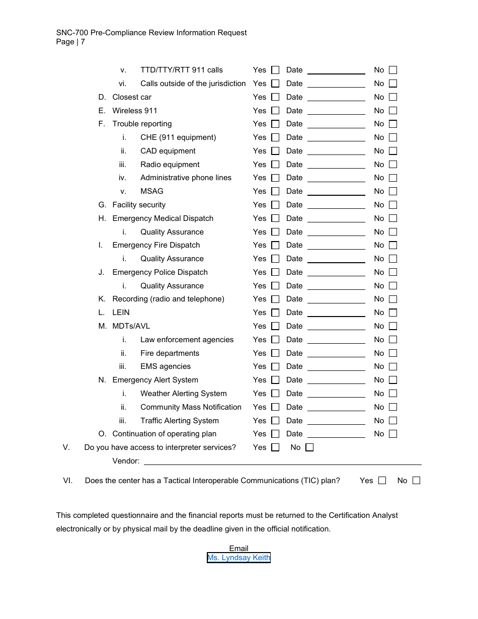 Form SNC-700 Pre-compliance Review Information Request - Michigan, Page 7