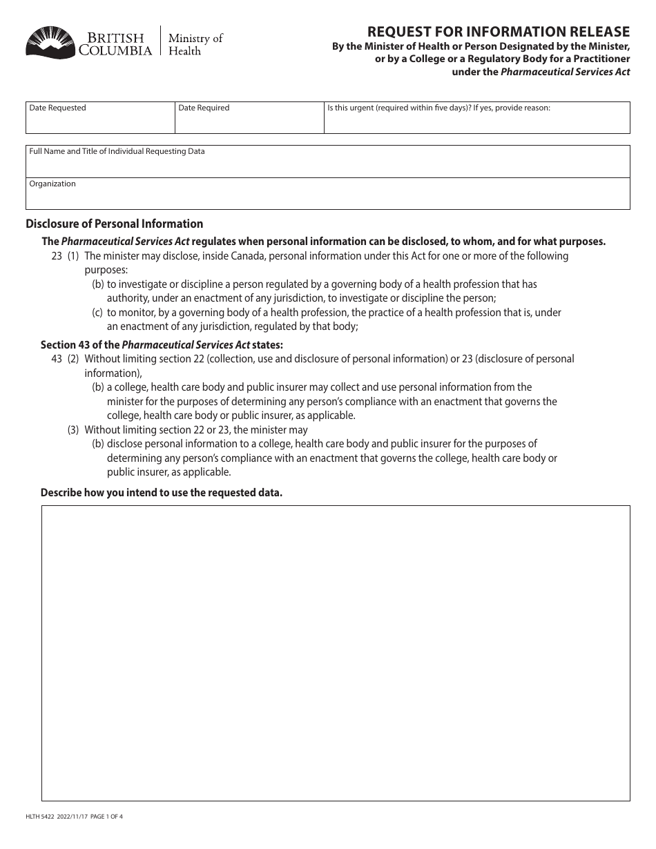 Form HLTH5422 Request for Information Release by the Minister of Health or Person Designated by the Minister, or by a College or a Regulatory Body for a Practitioner Under the Pharmaceutical Services Act - British Columbia, Canada, Page 1