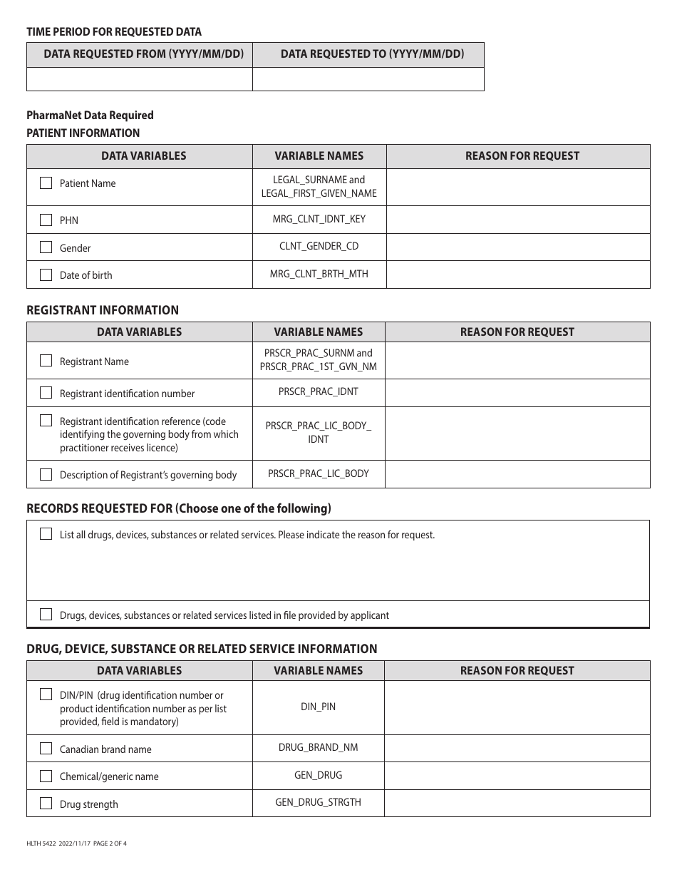 Form HLTH5422 Request for Information Release by the Minister of Health or Person Designated by the Minister, or by a College or a Regulatory Body for a Practitioner Under the Pharmaceutical Services Act - British Columbia, Canada, Page 2