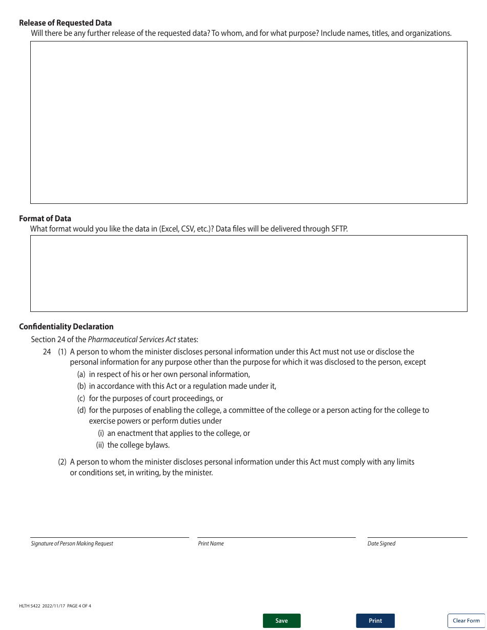 Form HLTH5422 Request for Information Release by the Minister of Health or Person Designated by the Minister, or by a College or a Regulatory Body for a Practitioner Under the Pharmaceutical Services Act - British Columbia, Canada, Page 4