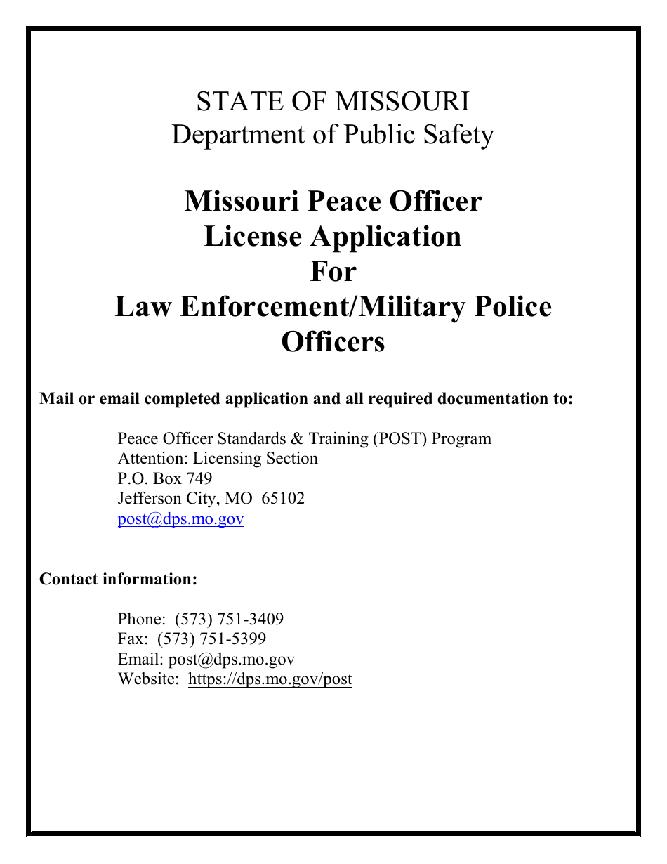 Missouri Peace Officer License Application for Law Enforcement / Military Police Officers - Missouri, Page 1