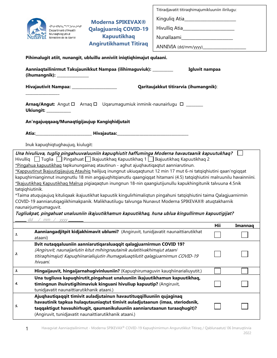 Moderna Spikevax Covid-19 Vaccine Consent Form - Nunavut, Canada (Inuinnaqtun), Page 1