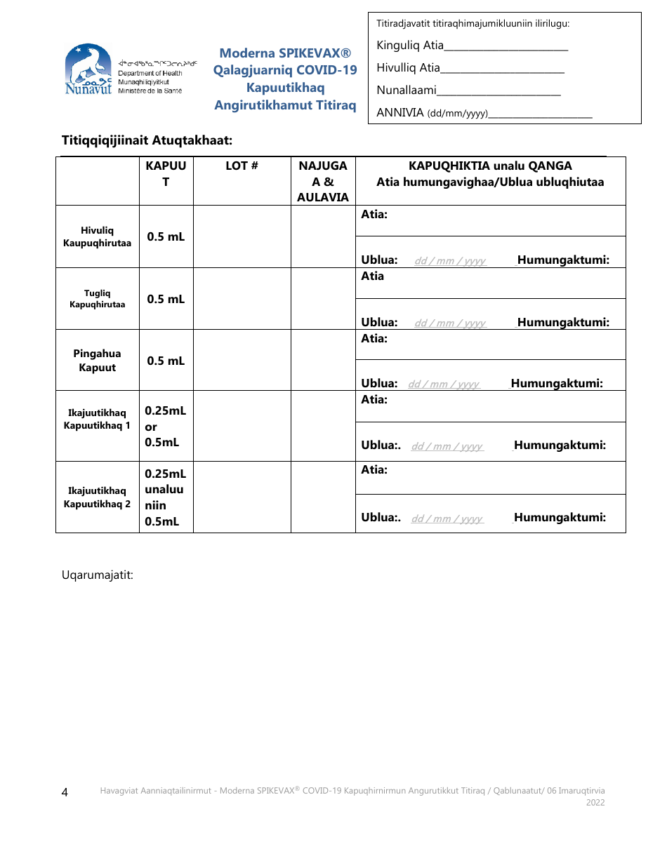 Moderna Spikevax Covid-19 Vaccine Consent Form - Nunavut, Canada (Inuinnaqtun), Page 4