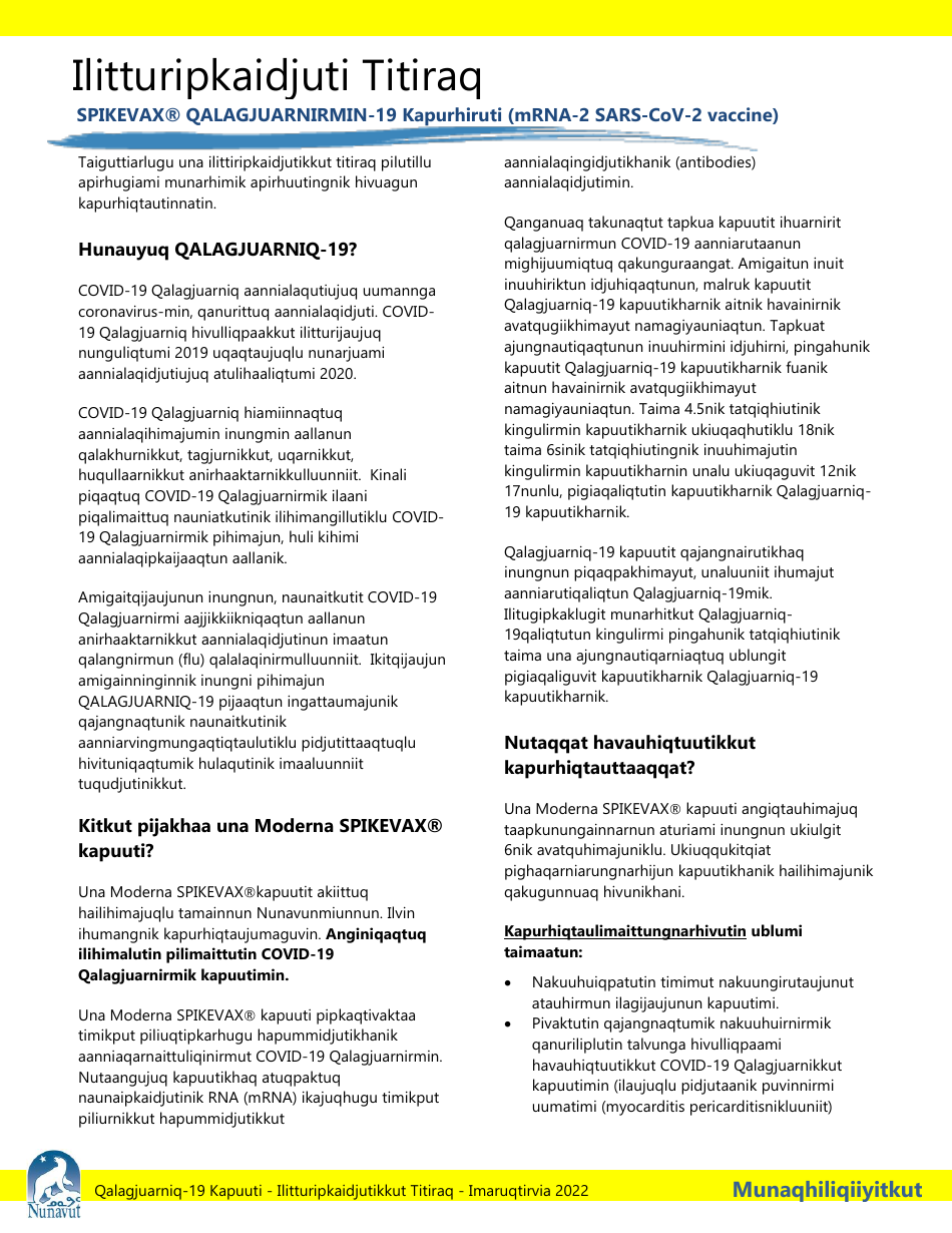 Moderna Spikevax Covid-19 Vaccine Consent Form - Nunavut, Canada (Inuinnaqtun), Page 5