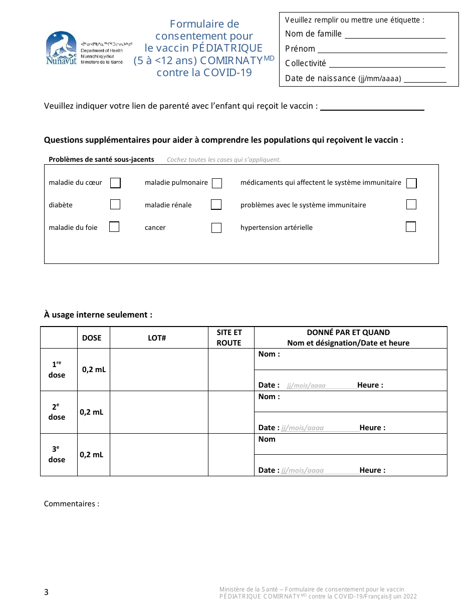 Formulaire De Consentement Pour Le Vaccin Pediatrique (5 a 12 Ans) Comirnatymd Contre La Covid-19 - Nunavut, Canada (French), Page 3