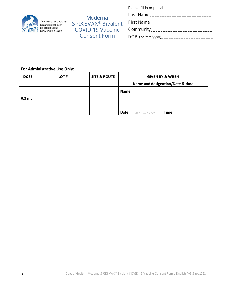 Moderna Spikevax Bivalent Covid-19 Vaccine Consent Form - Nunavut, Canada, Page 3