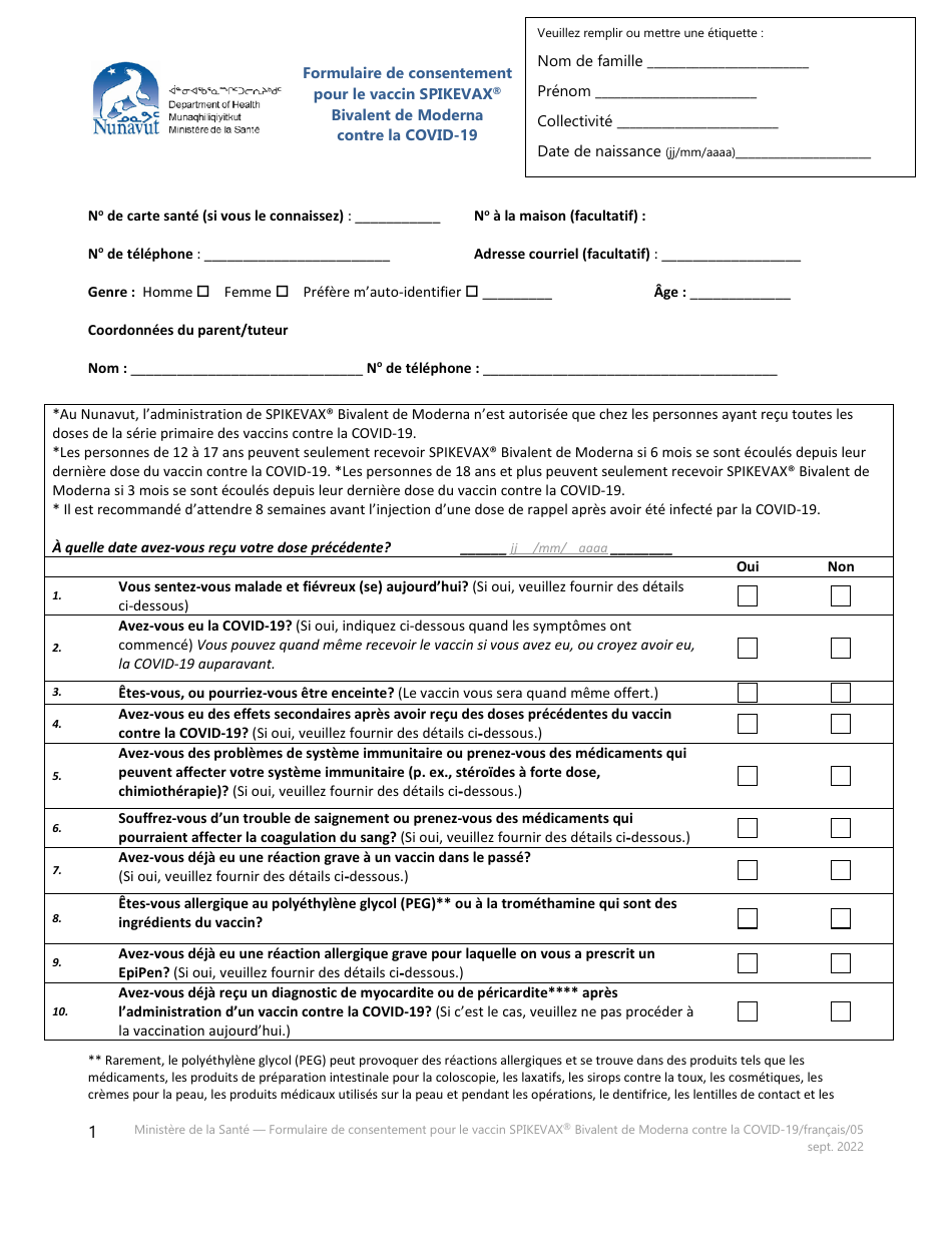 Formulaire De Consentement Pour Le Vaccin Spikevax Bivalent De Moderna Contre La Covid-19 - Nunavut, Canada (French), Page 1