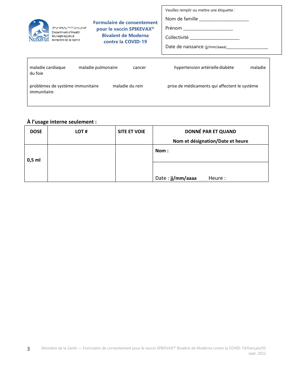 Formulaire De Consentement Pour Le Vaccin Spikevax Bivalent De Moderna Contre La Covid-19 - Nunavut, Canada (French), Page 3