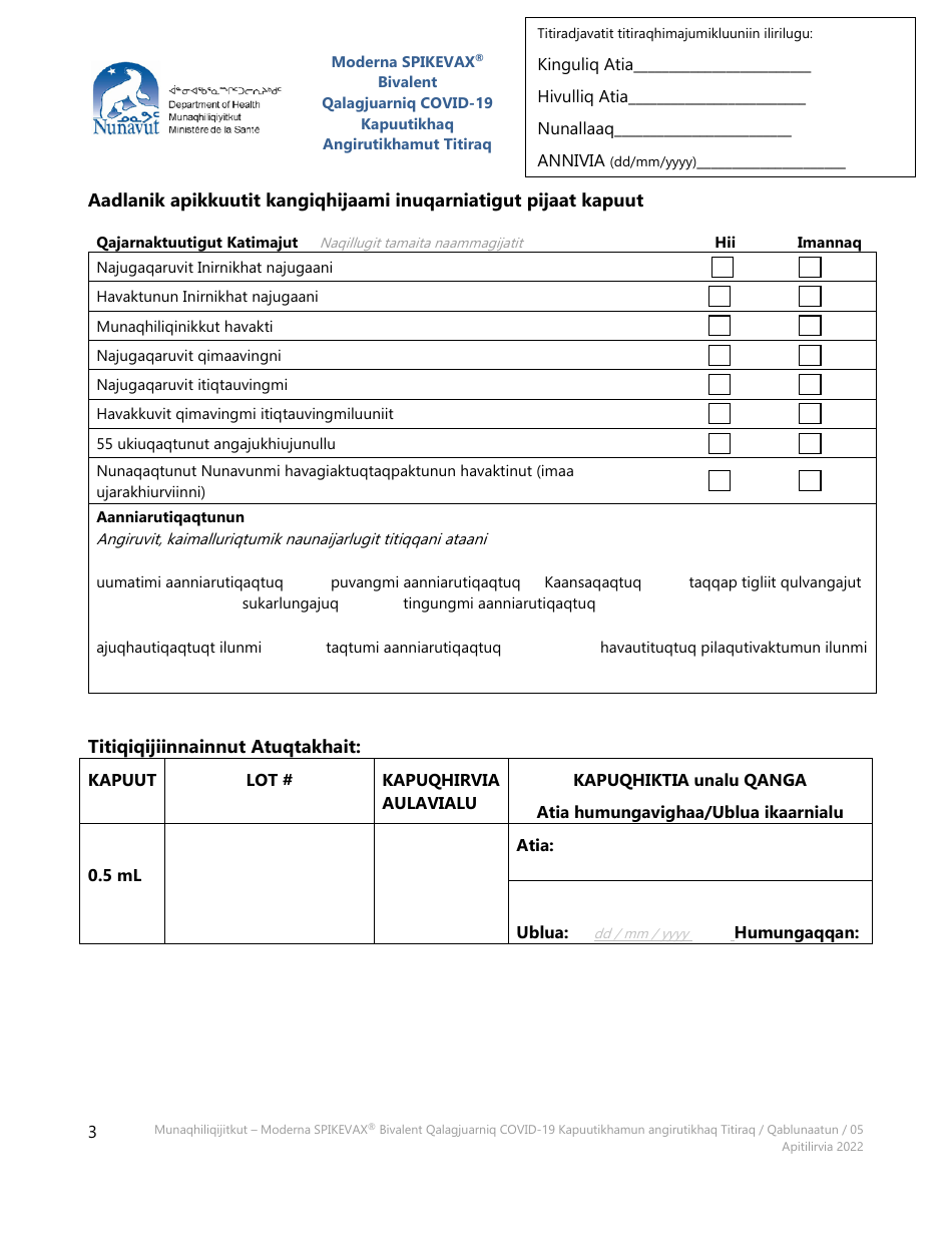 Moderna Spikevax Bivalent Covid-19 Vaccine Consent Form - Nunavut, Canada (Inuinnaqtun), Page 3