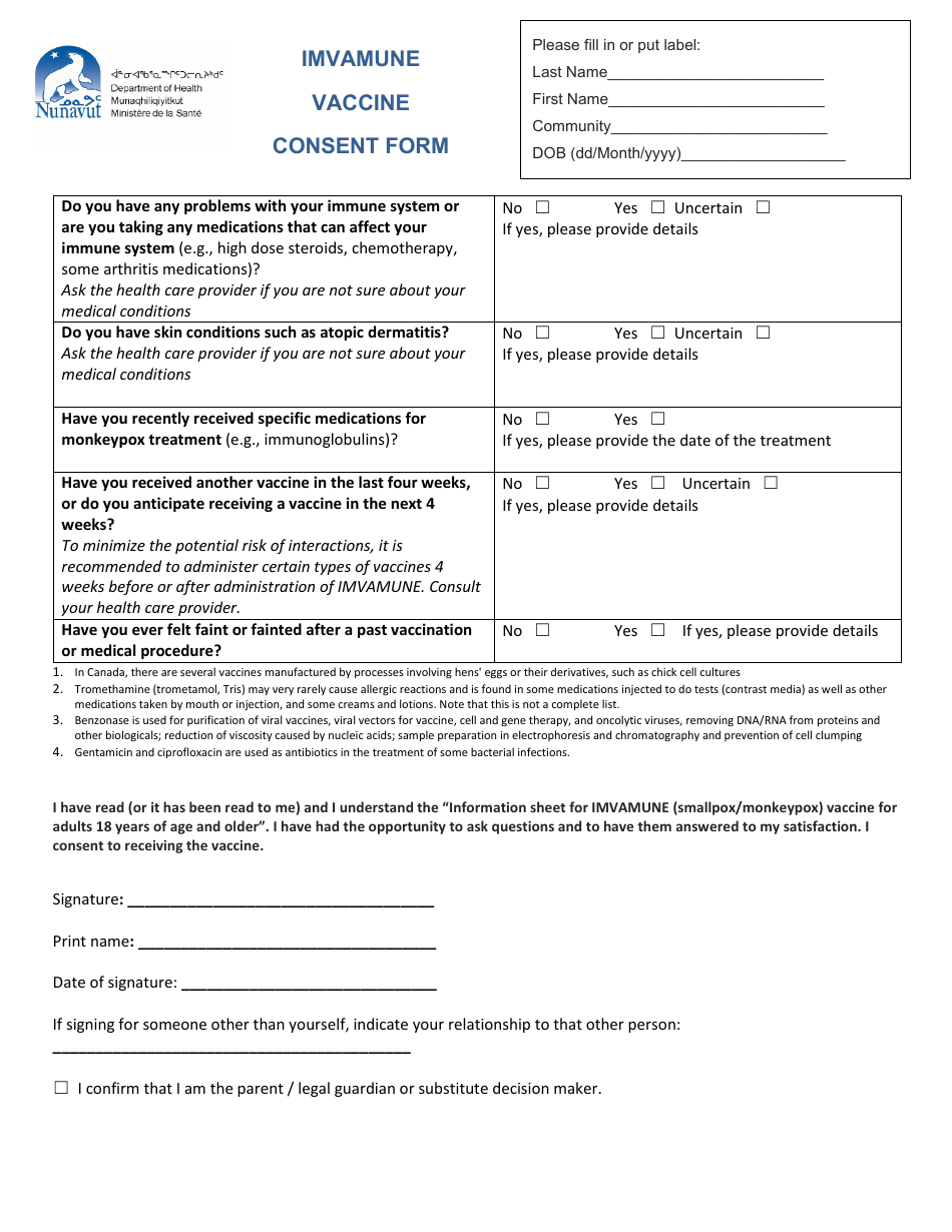 Imvamune Vaccine Consent Form - Nunavut, Canada, Page 2
