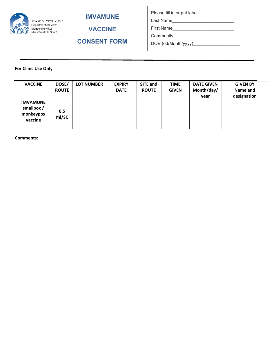 Imvamune Vaccine Consent Form - Nunavut, Canada, Page 3