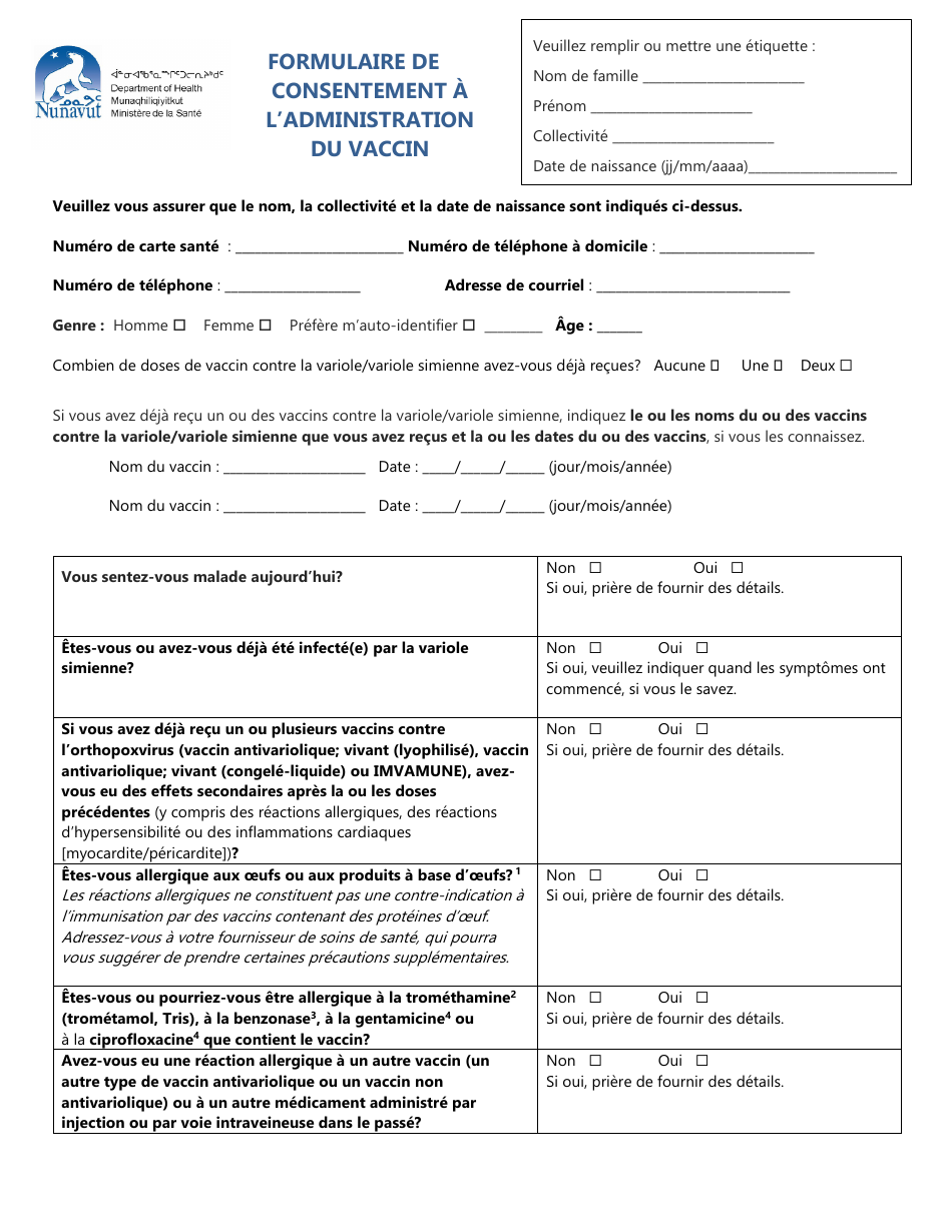 Formulaire De Consentement a Ladministration Du Vaccin - Nunavut, Canada (French), Page 1