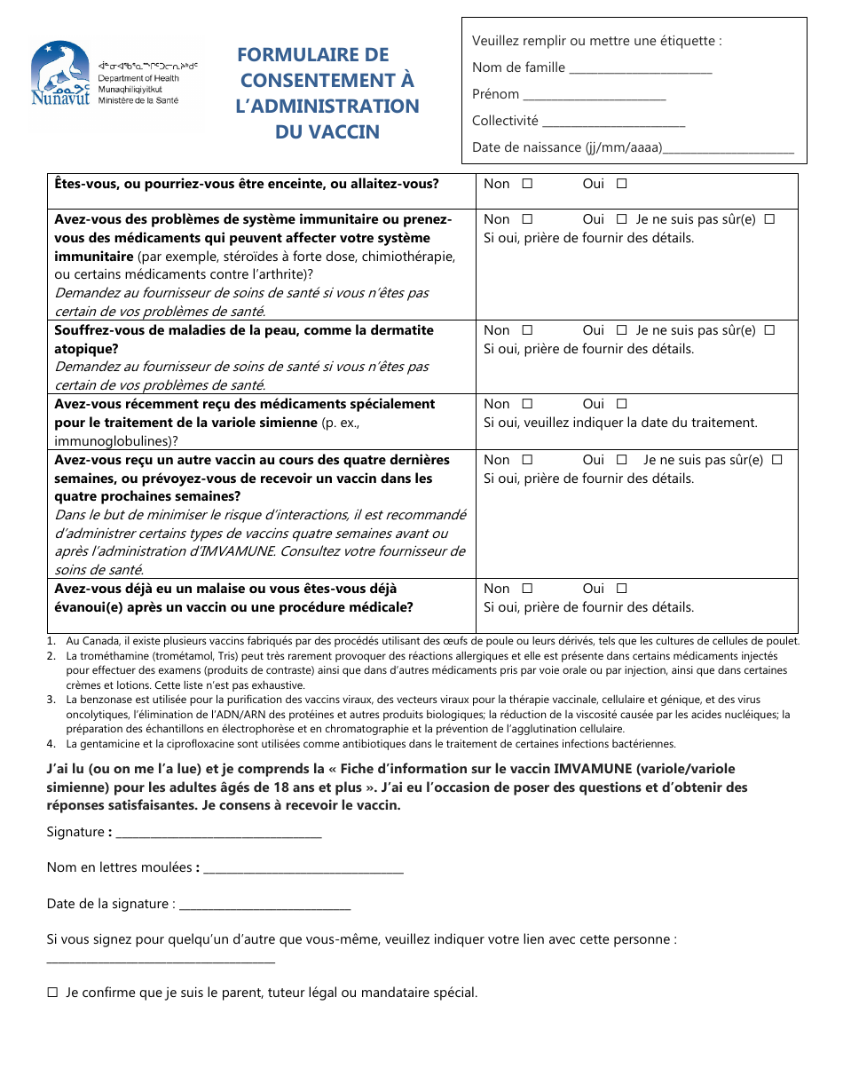 Formulaire De Consentement a Ladministration Du Vaccin - Nunavut, Canada (French), Page 2