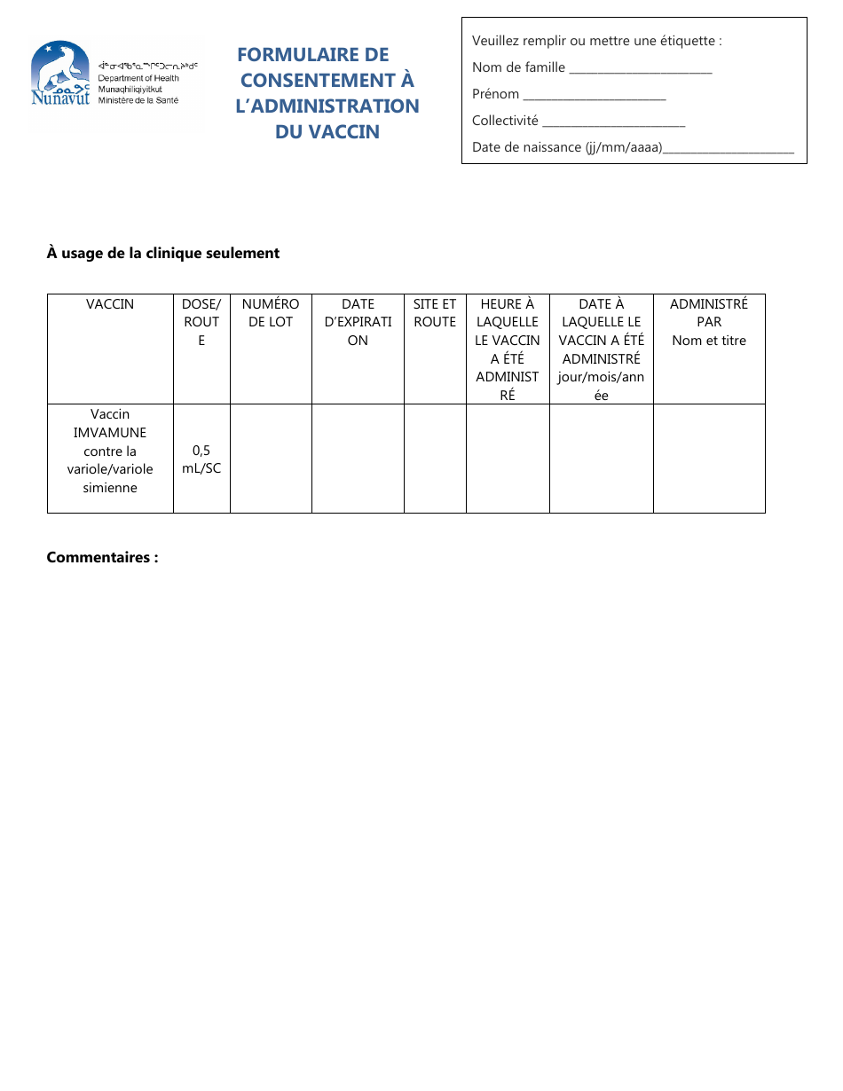 Formulaire De Consentement a Ladministration Du Vaccin - Nunavut, Canada (French), Page 3