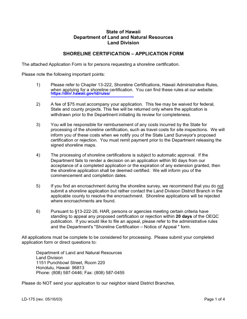 Form LD-175 Shoreline Certification Application Form - Hawaii