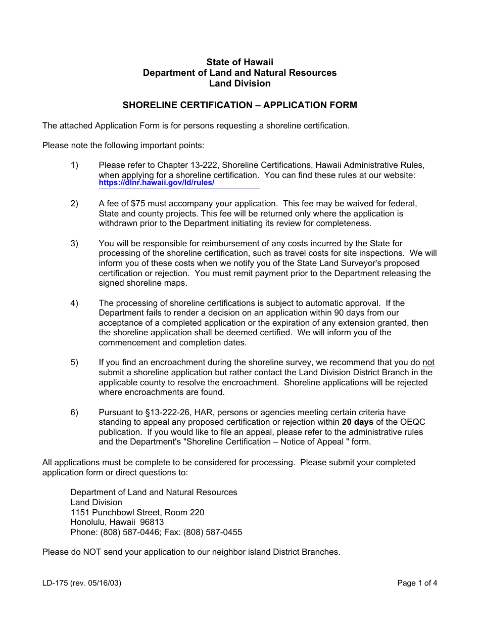 Form LD-175 Shoreline Certification Application Form - Hawaii, Page 1