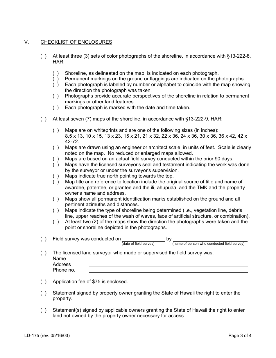 Form LD-175 Shoreline Certification Application Form - Hawaii, Page 3