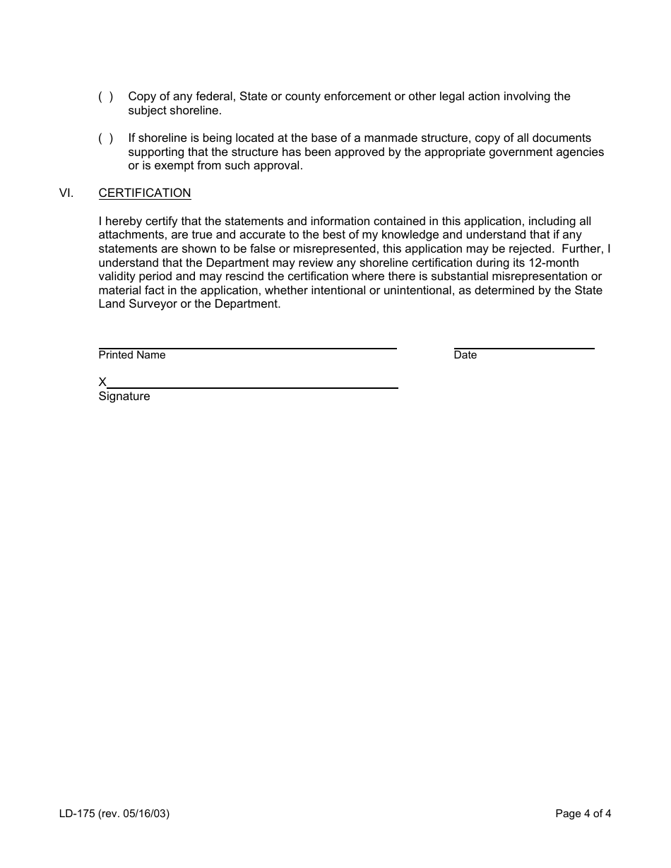 Form LD-175 Shoreline Certification Application Form - Hawaii, Page 4