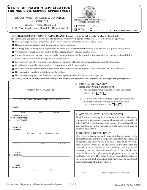 Form HRD278 Application for Non-civil Service Appointment - Hawaii