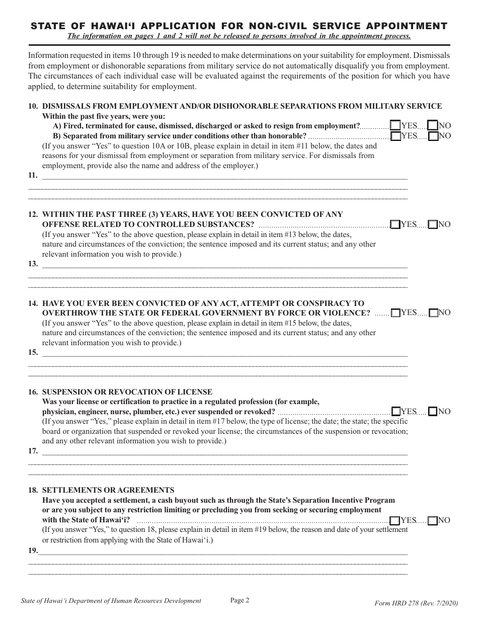 Form HRD278 Application for Non-civil Service Appointment - Hawaii, Page 2