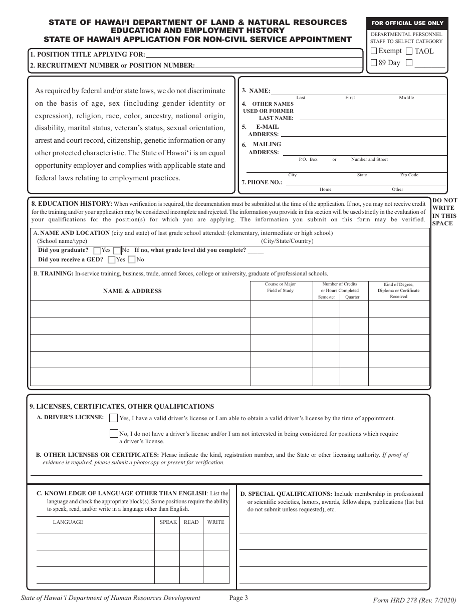 Form HRD278 Application for Non-civil Service Appointment - Hawaii, Page 3
