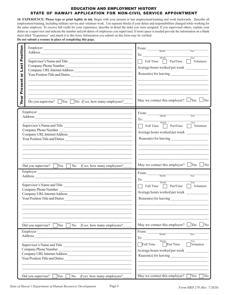 Form HRD278 Application for Non-civil Service Appointment - Hawaii, Page 4