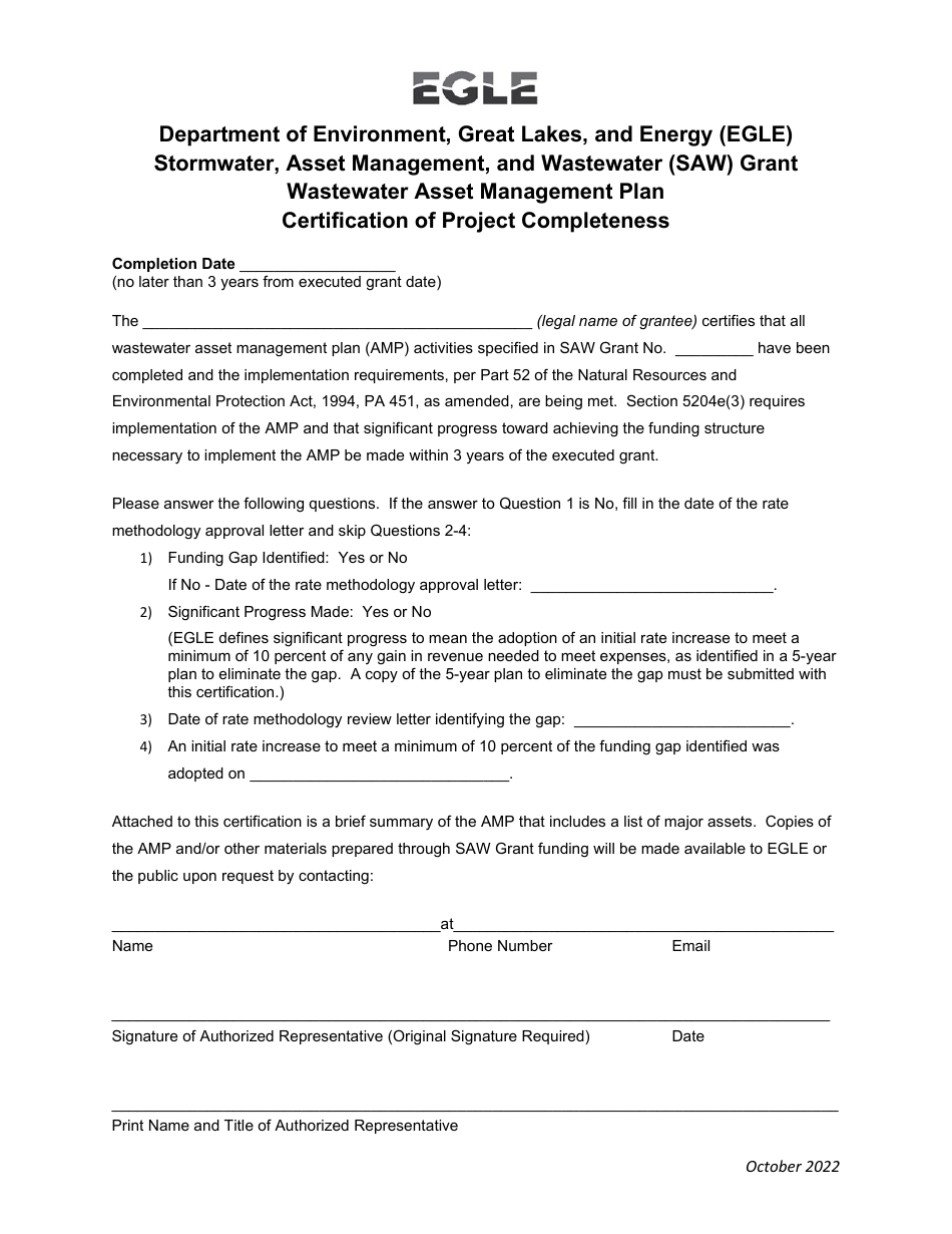 Stormwater, Asset Management, and Wastewater (Saw) Grant Wastewater Asset Management Plan Certification of Project Completeness - Michigan, Page 1