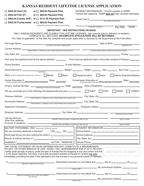 Kansas Resident Lifetime License Application - Kansas