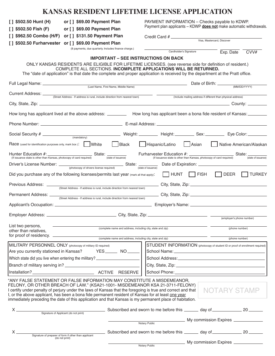 Kansas Resident Lifetime License Application - Kansas, Page 1