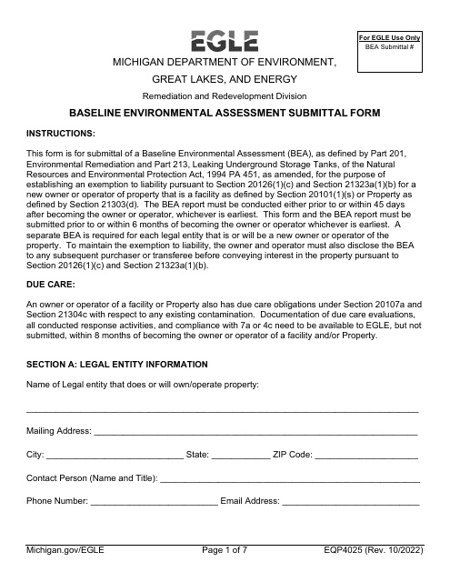 Form EQP4025 Baseline Environmental Assessment Submittal Form - Michigan