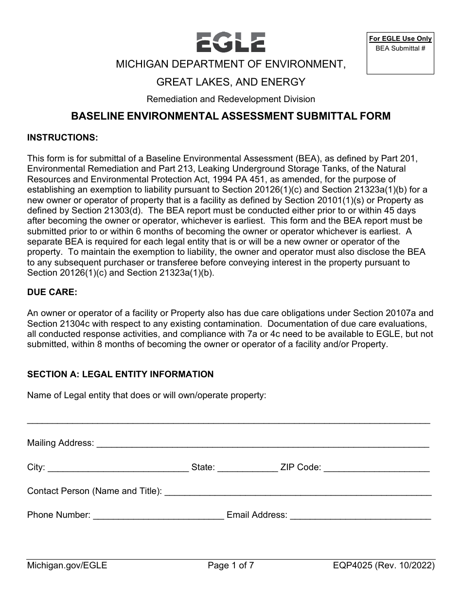 Form EQP4025 Baseline Environmental Assessment Submittal Form - Michigan, Page 1