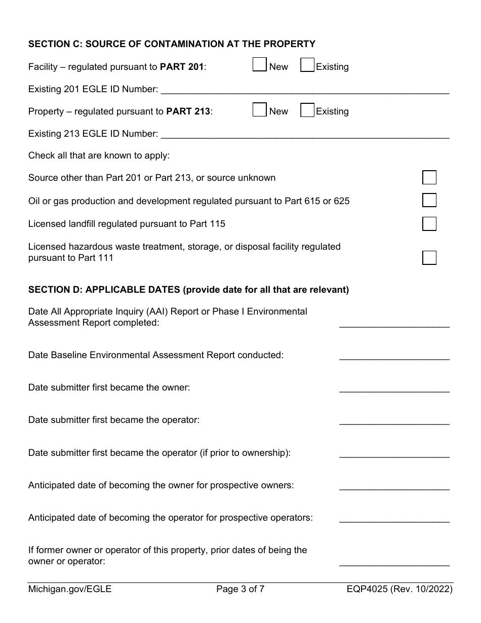 Form EQP4025 Baseline Environmental Assessment Submittal Form - Michigan, Page 3