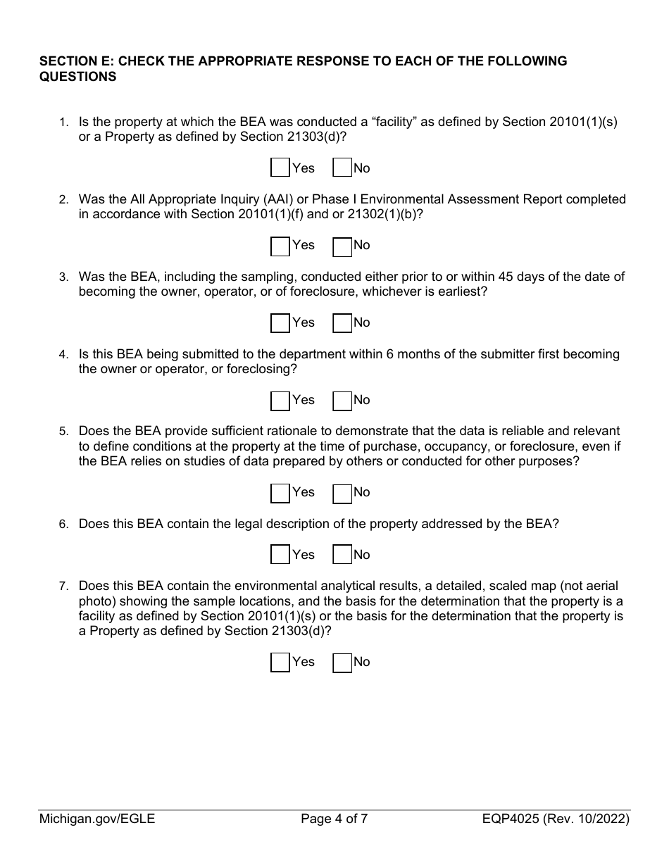 Form EQP4025 Baseline Environmental Assessment Submittal Form - Michigan, Page 4