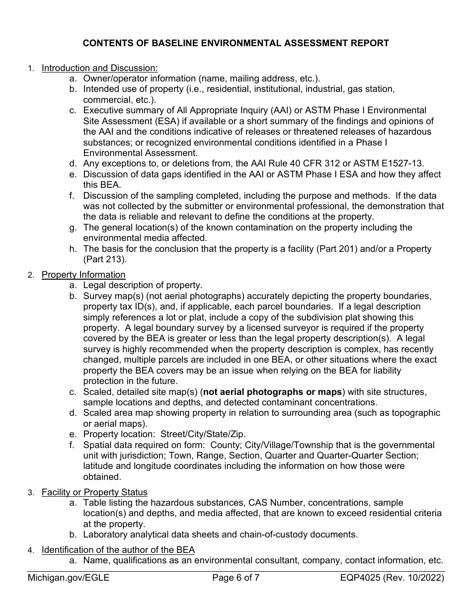 Form EQP4025 Baseline Environmental Assessment Submittal Form - Michigan, Page 6