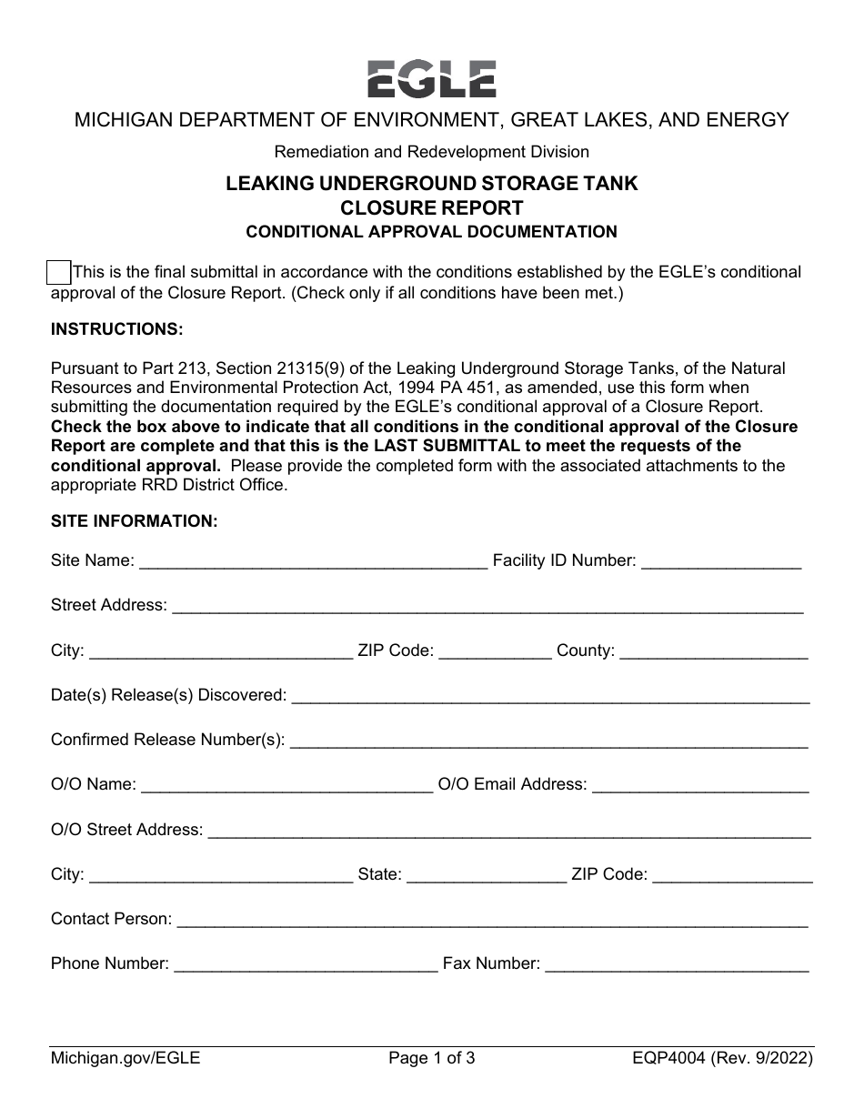Form EQP4004 Leaking Underground Storage Tank Closure Report - Michigan, Page 1