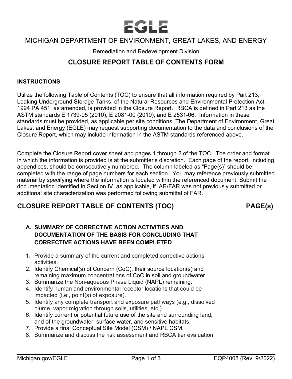 Form EQP4008 Closure Report Table of Contents Form - Michigan, Page 1