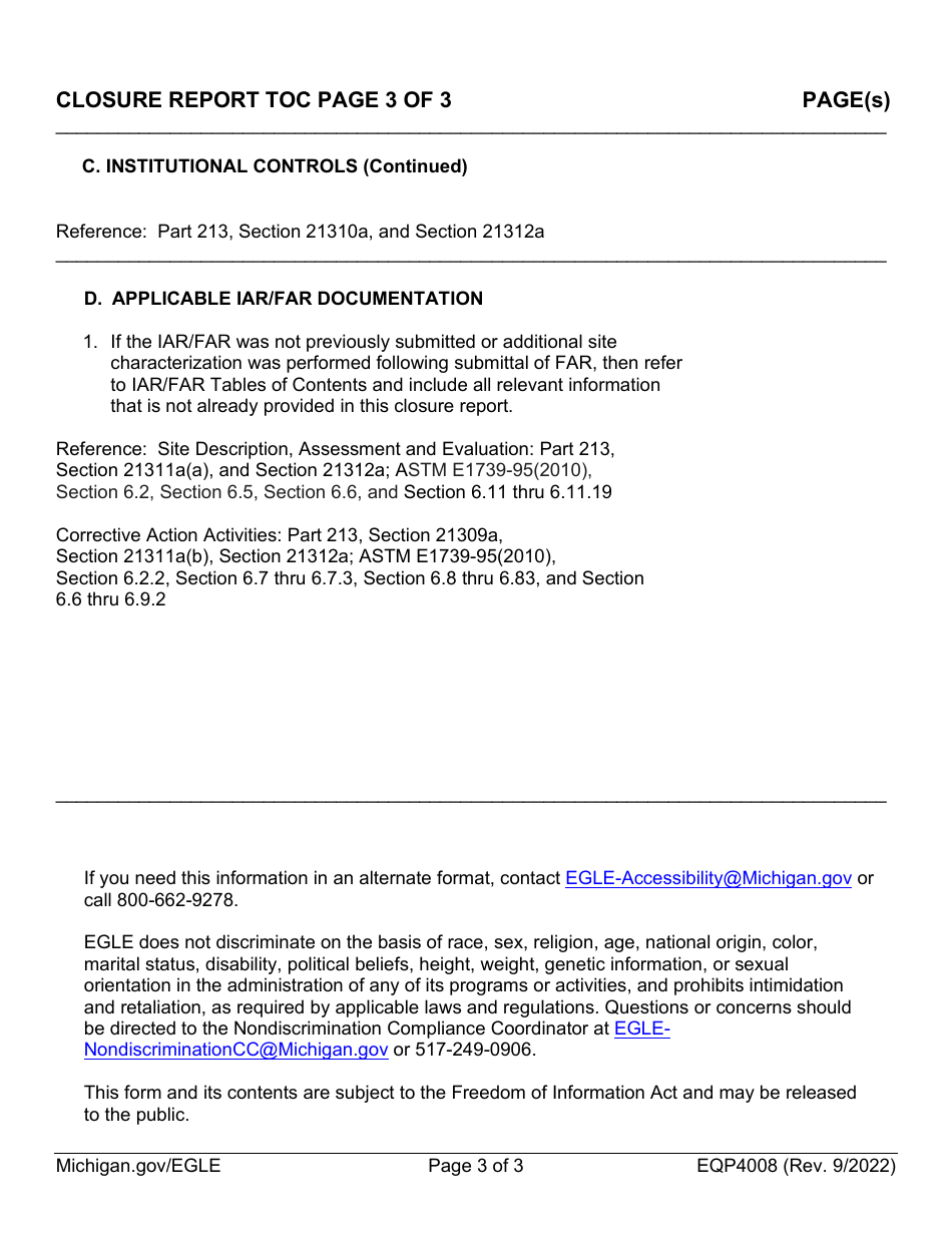 Form EQP4008 Closure Report Table of Contents Form - Michigan, Page 3