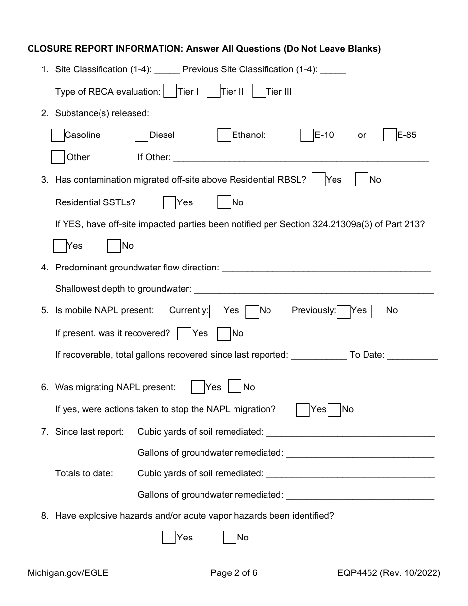 Form EQP4452 Leaking Underground Storage Tank Closure Report Cover Sheet - Michigan, Page 2
